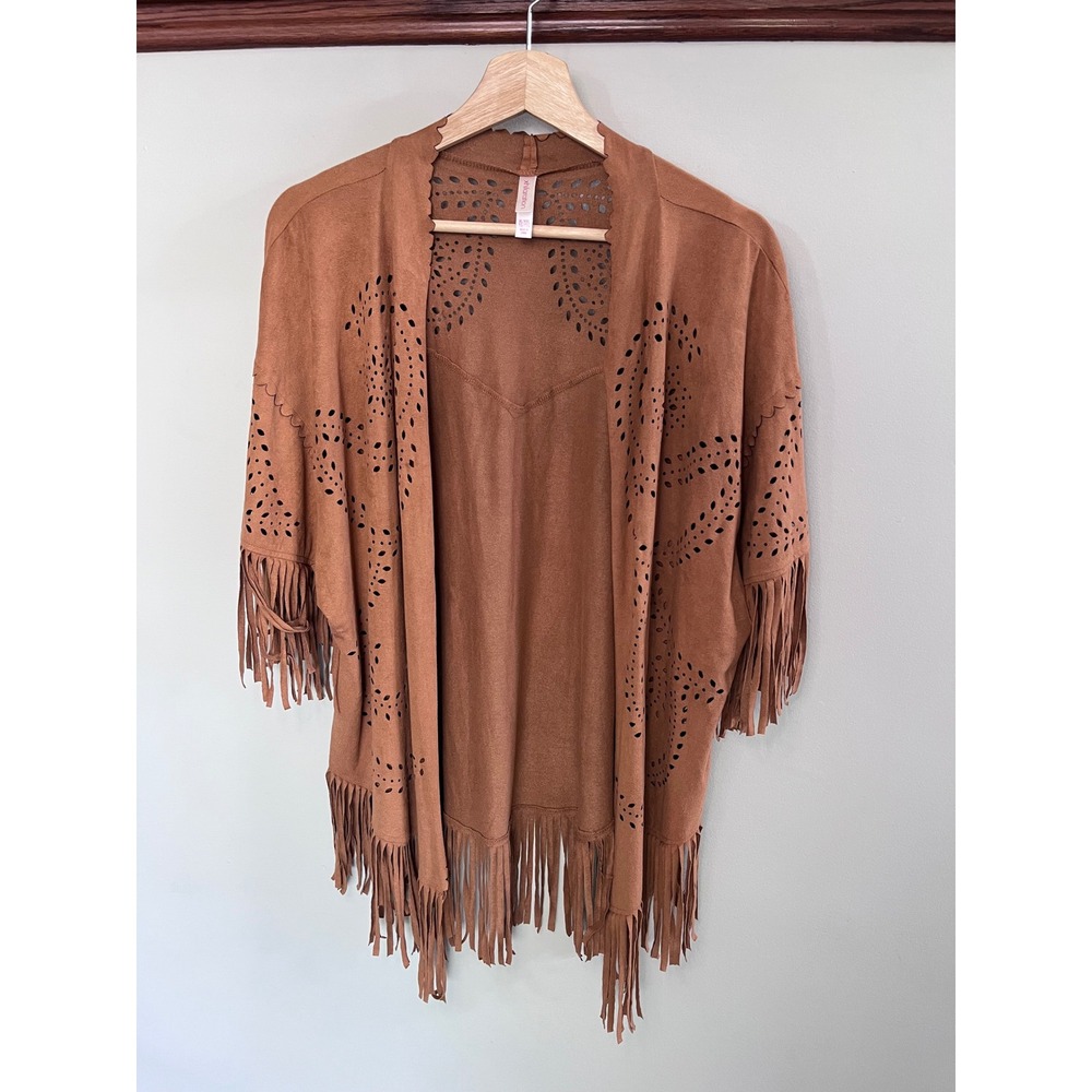 Xhilaration Faux Suede Fringe Kimono Cardigan Brown Laser Cut Eyelet XL XXL